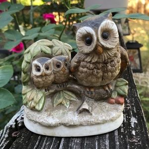 Vintage Homco Owl Family on Tree Branch Porcelain Figurine #1298